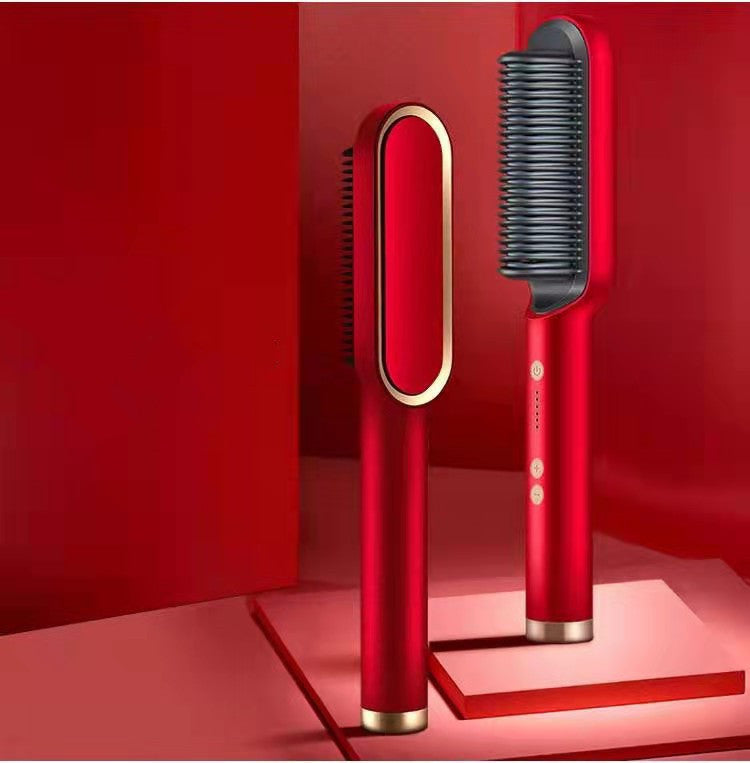 2-in-1 Hair Straightener Hot Comb – Negative Ion Electric Brush & Curling Tong