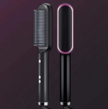 2-in-1 Hair Straightener Hot Comb – Negative Ion Electric Brush & Curling Tong
