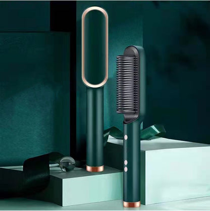 2-in-1 Hair Straightener Hot Comb – Negative Ion Electric Brush & Curling Tong