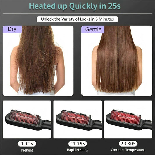 2-in-1 Hair Straightener Hot Comb – Negative Ion Electric Brush & Curling Tong