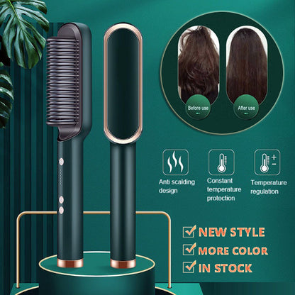2-in-1 Hair Straightener Hot Comb – Negative Ion Electric Brush & Curling Tong