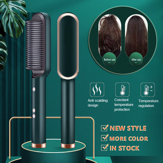 2-in-1 Hair Straightener Hot Comb – Negative Ion Electric Brush & Curling Tong