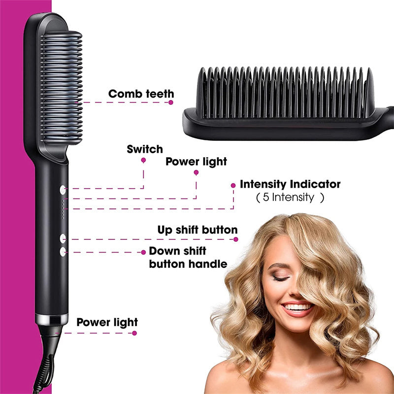 2-in-1 Hair Straightener Hot Comb – Negative Ion Electric Brush & Curling Tong