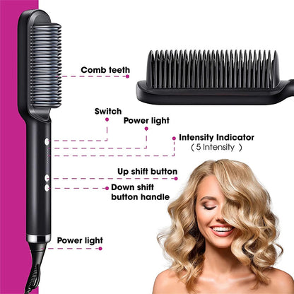 2-in-1 Hair Straightener Hot Comb – Negative Ion Electric Brush & Curling Tong