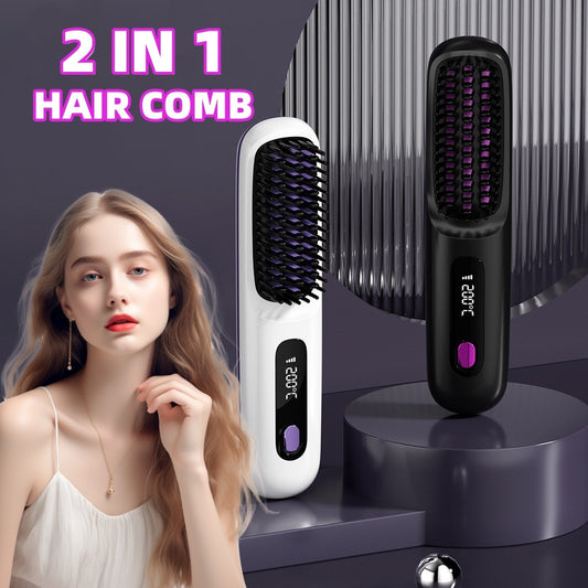 2-in-1 Wireless Hair Straightener Comb – USB Rechargeable & Portable